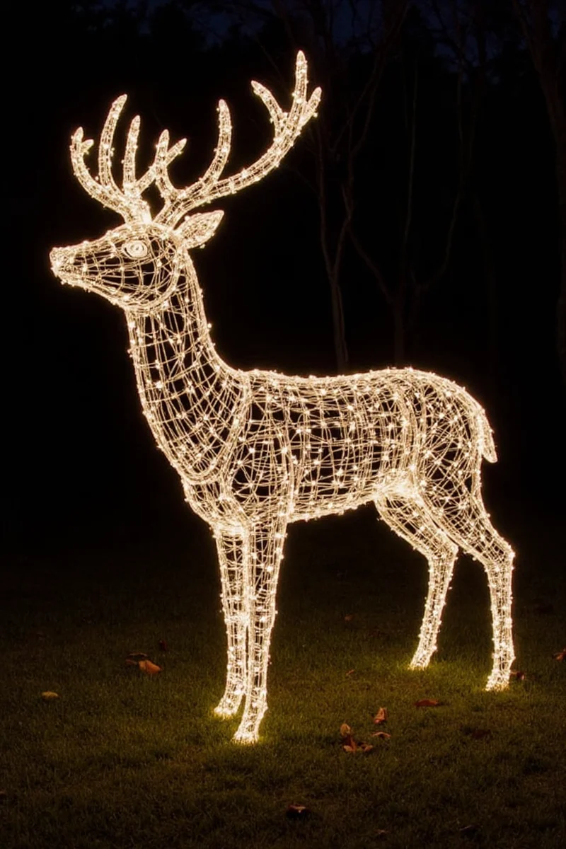 Twilight view of a beautifully lit backyard with multiple light-up deer arranged around a pet-friendly play area featuring chew toys and a cozy pet bed.