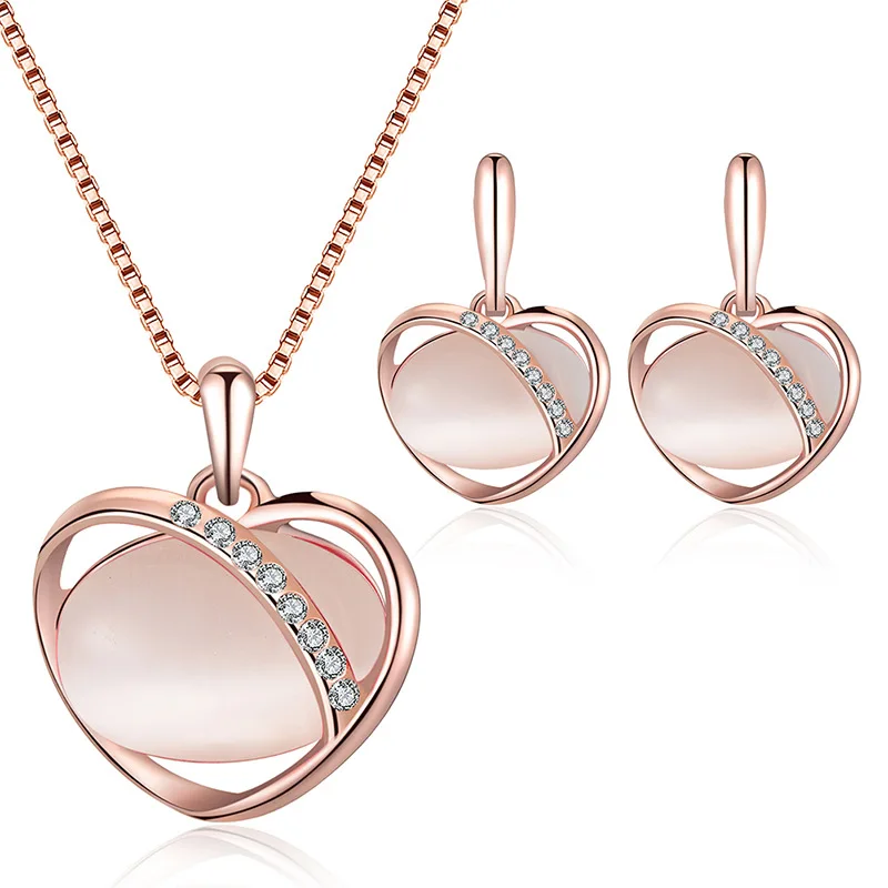 

New arrive love heart rose gold jewelry sets opal pendent necklace and earrings set for women