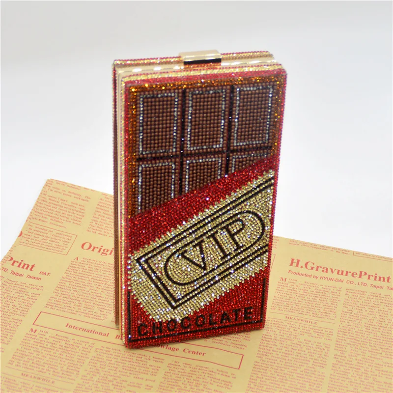 

VIP Chocolate Diamonds Evening Bag Designer luxury Small Box Rhinestones Clutch Purse Female Chain Handbag Banquet Party, Red