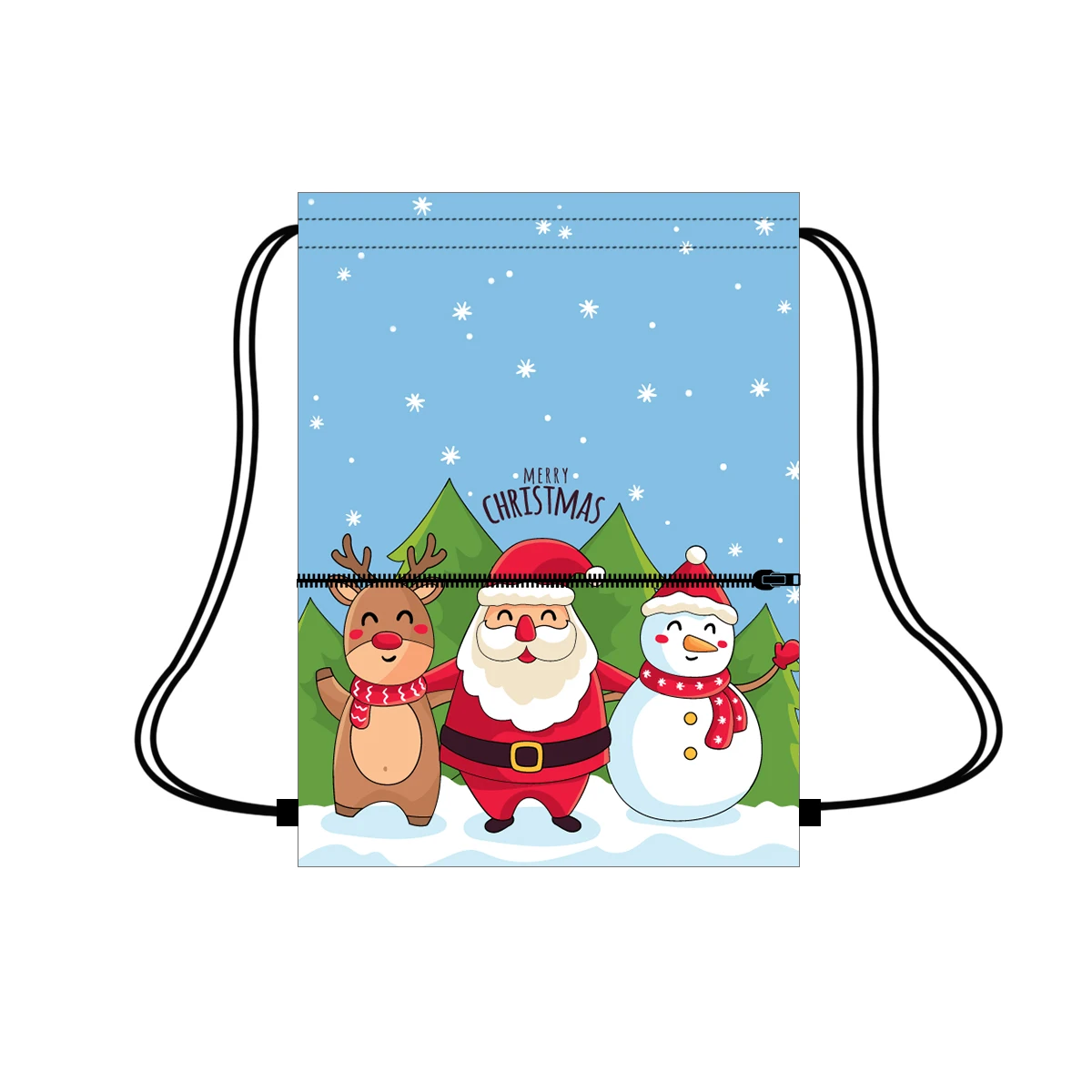 

Merry Christmas design printed drawstring bag gift bags custom polyester drawstring storage bag with zipper pocket, Customized