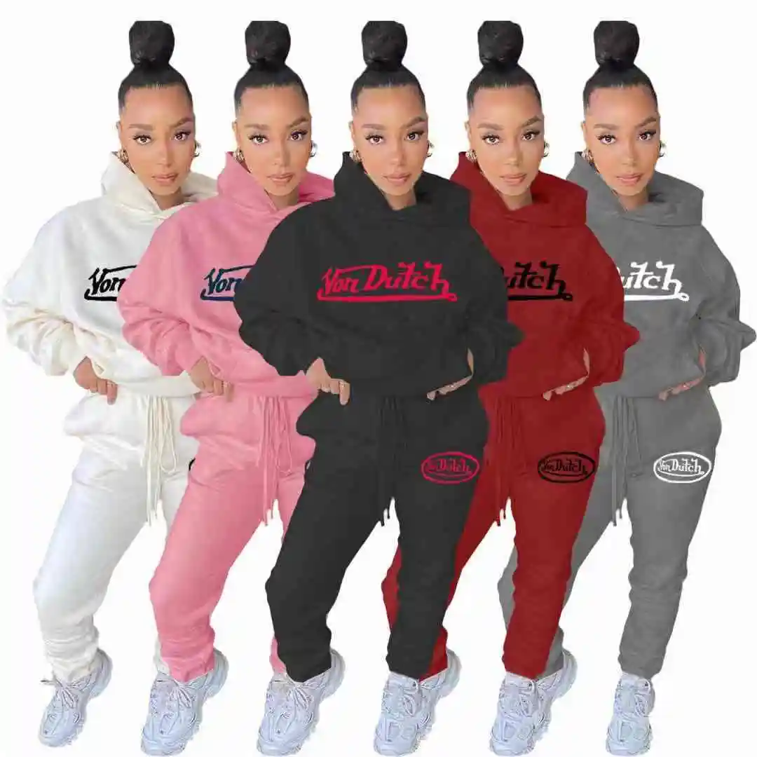 

2021 hot sale fashionable von dutch outfit Graffiti hoodys joggers set winter clothes for women casual streetwear, Picture color