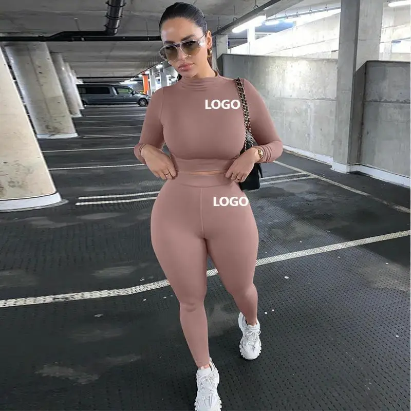 

S062449A Good quality custom women workout sets yoga outfit solid bodycon sets 2 piece set women long sleeve
