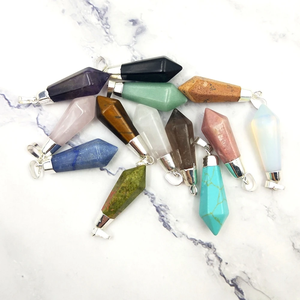 

Hot Products Gemstone Faceted Cut Hexagonal Cone Point Mix Stone Crystal Pendants With Silver Plated Alloy Jewelry Accessories, As picture shows