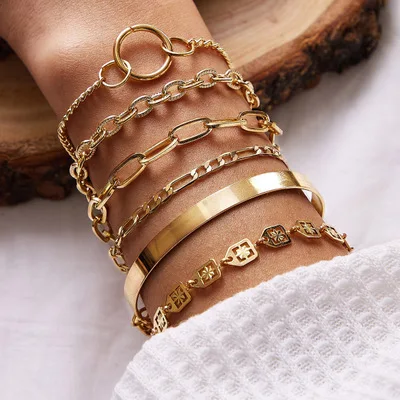 

6Pcs/set Gold Color Round Circle Chain Bangles Bracelet for Women Geometric Zigzag Shape Bangles Vintage Chunky Chain Braclets, As picture