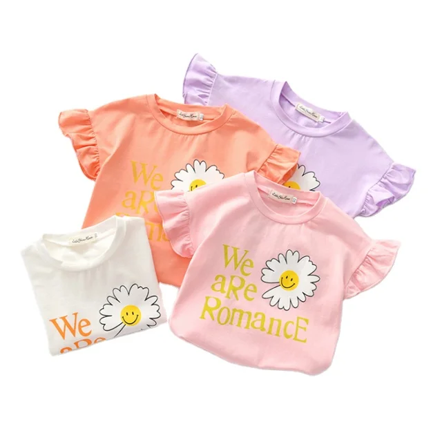 

Wholesale Cute Shirts Multiple Colors Fancy Tops Baby Kids Customs with Ruffled Cuff Edges Girls Pink T Shirt, Picture