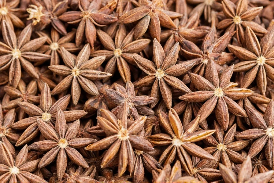Whole star anise on wooden cutting board with measuring spoons