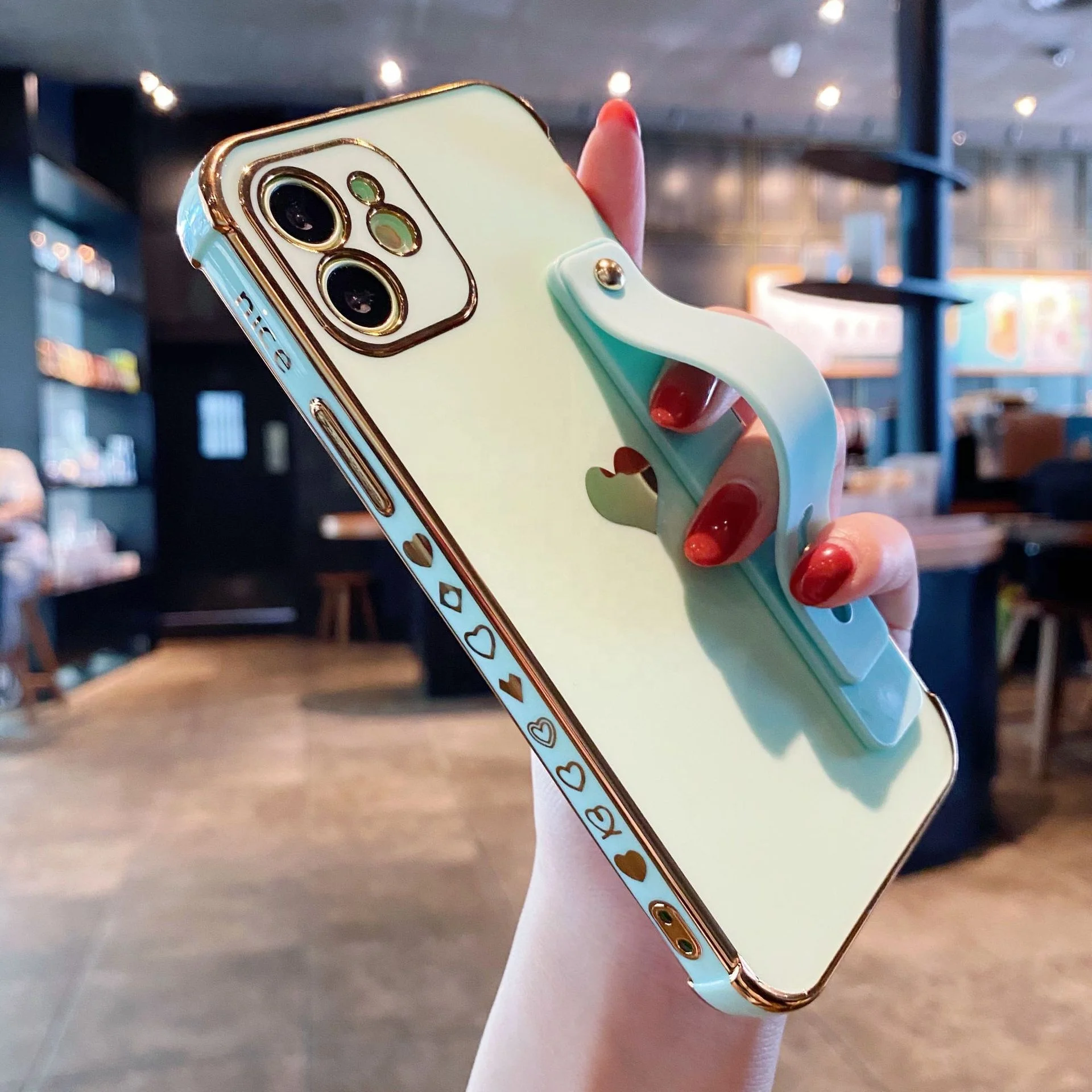 

Luxury Love Heart Plating Phone Case with Wristband Holder Shiny Cute soft TPU Cover for iPhone 13 12 11 Pro Xr Xs Max 8 7 Plus, White, black, pink, red, blue, green, orange