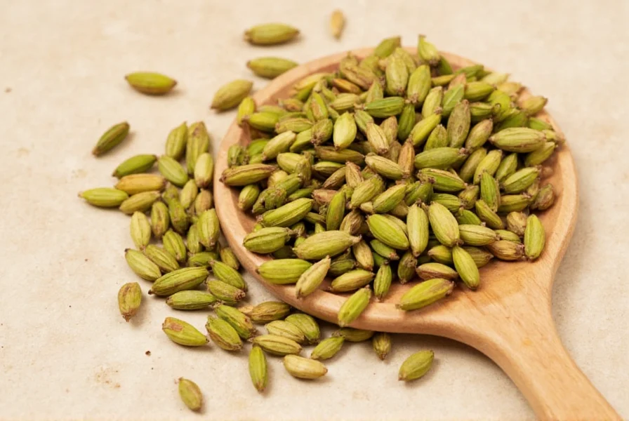 Glass jar of cardamom pods in a spice rack