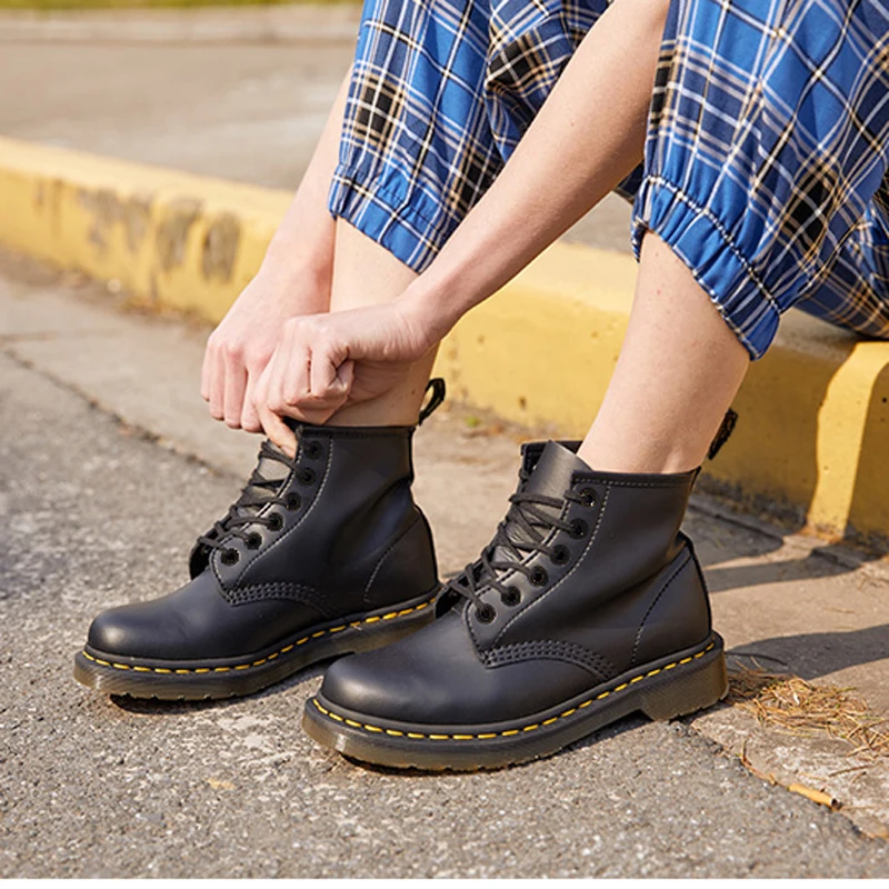 

British lace-up Genuine leather boots round toe big size cool trendy shoes, Black