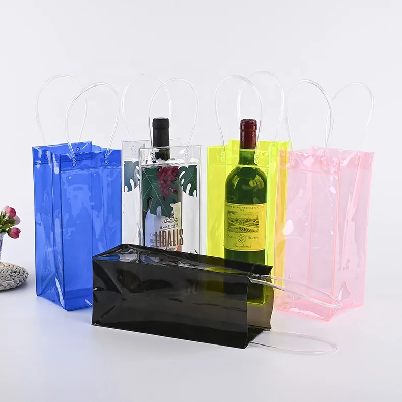 

Customized Logo waterproof Portable Clear Transparent PVC Ice Bag Cooler Pouch with handle for wine beer champagne bottle