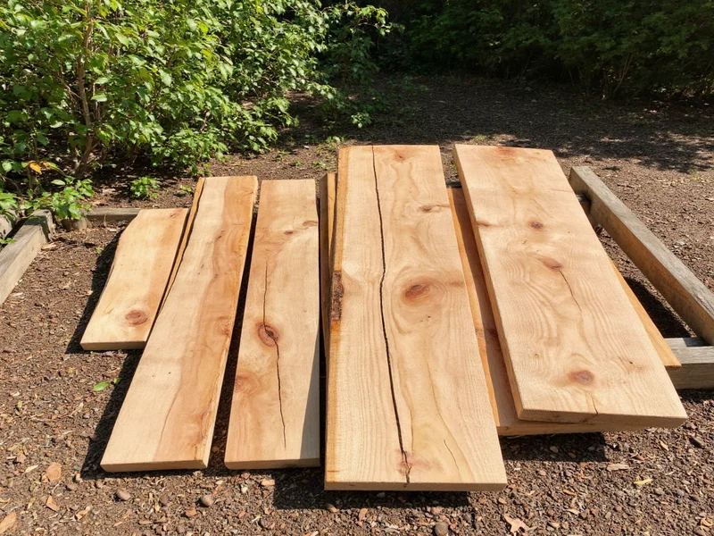Reclaimed wood pieces laid out for hammock stand construction