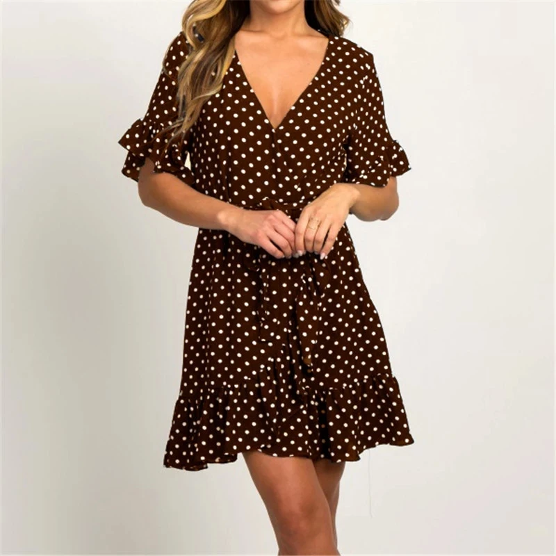 

Summer Chiffon Dress 2021 Boho Style Beach Dress Fashion Short Sleeve V-neck Polka Dot A-line Party Dress Sundress