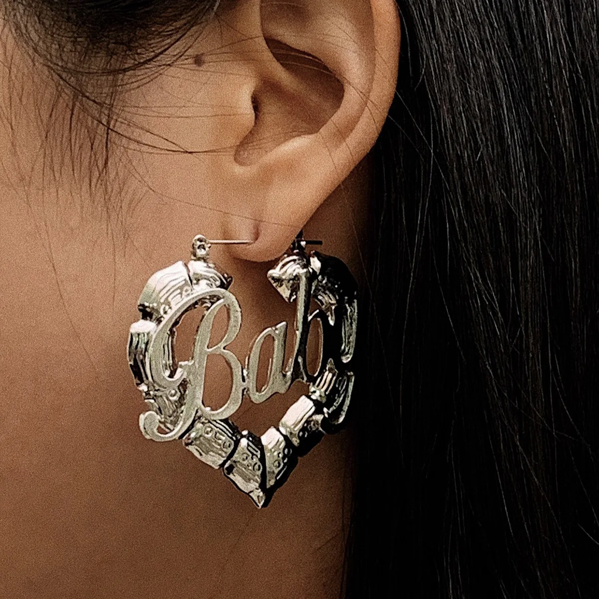 

Factory wholesale Europe and America Hip-hop punk round bamboo earrings women's heart baby letter earring, As picture