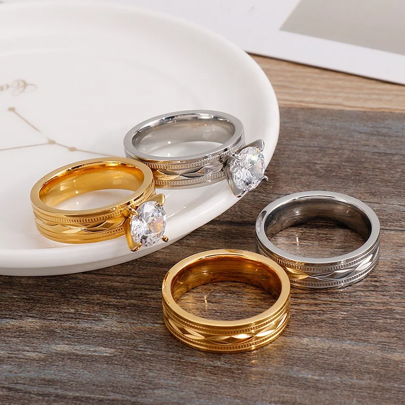 

Custom 18k gold-plated couple jewelry stainless steel rings diamond wedding gold jewelry set, Picture shows