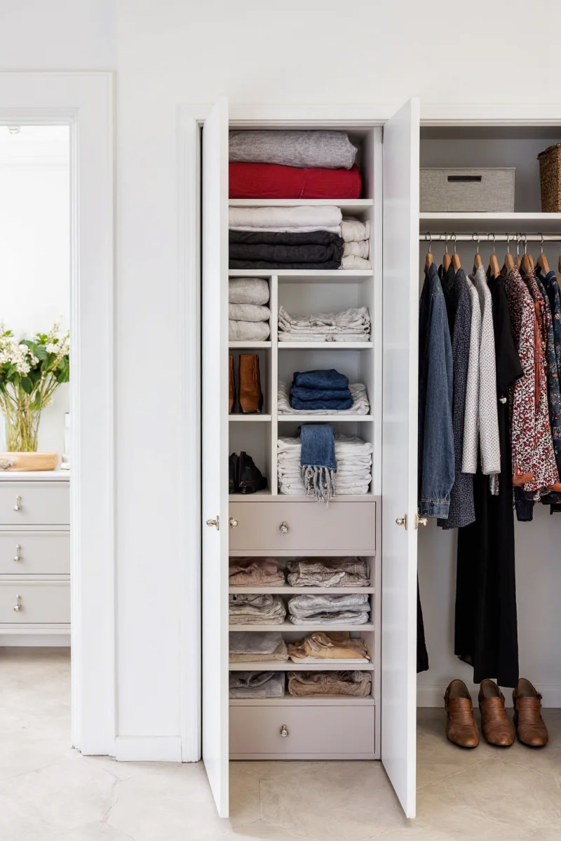 Organized baskets inside a closet