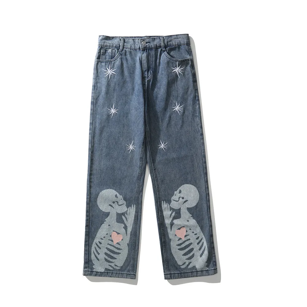 

Mens Loose Denim Pants Jeans Streetwear Skull Print Baggy Jeans Fashion