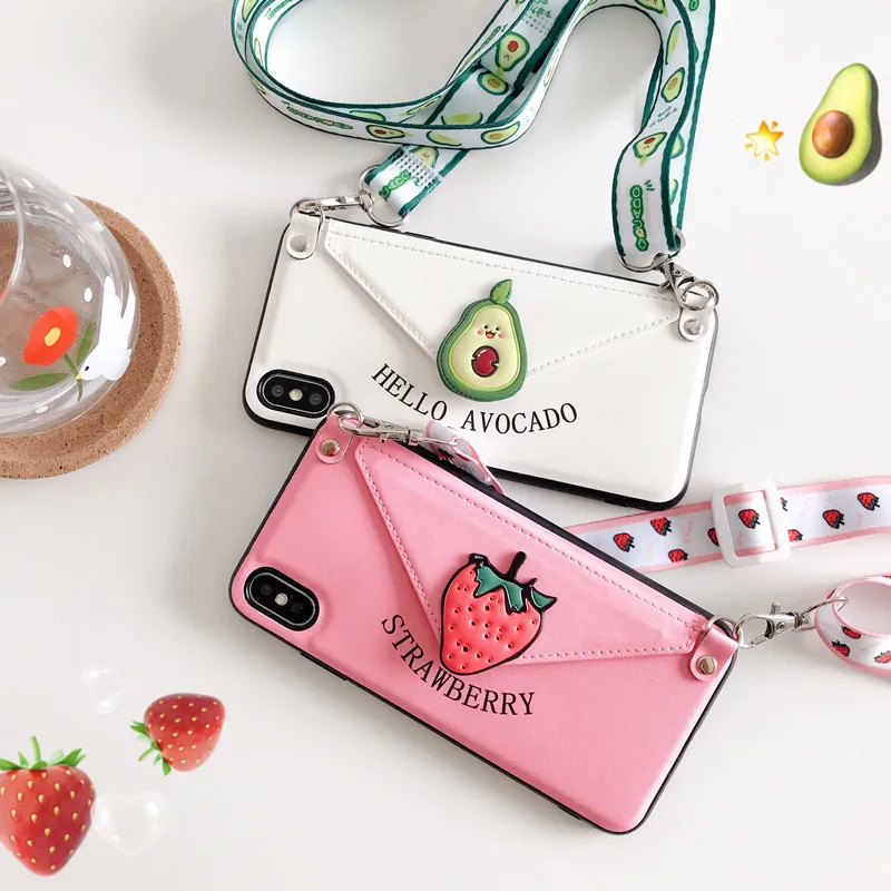 

Strawberry Avocado Strap Fruits Cell Covers Leather Wallet Phone Case for iPhone 11 Pro XS X X Max 8 7 6 Plus