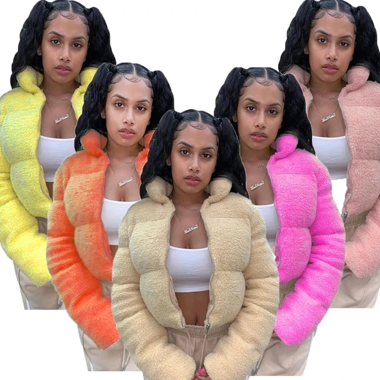 

Hot Sale 2021 Winter Long Sleeve Cropped Cardigan Jacket Women Femme Lamb Wool Teddy Bear Fleece Zip Up Thick Warm Women's Coats, 5 color