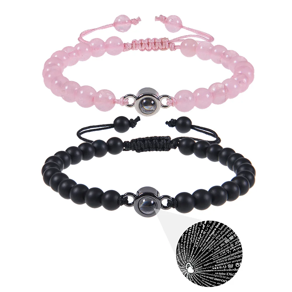 

Fashion 100 Languages Projection Love Pink Crystal Frosted Stone Gift Couple Bracelet For Women