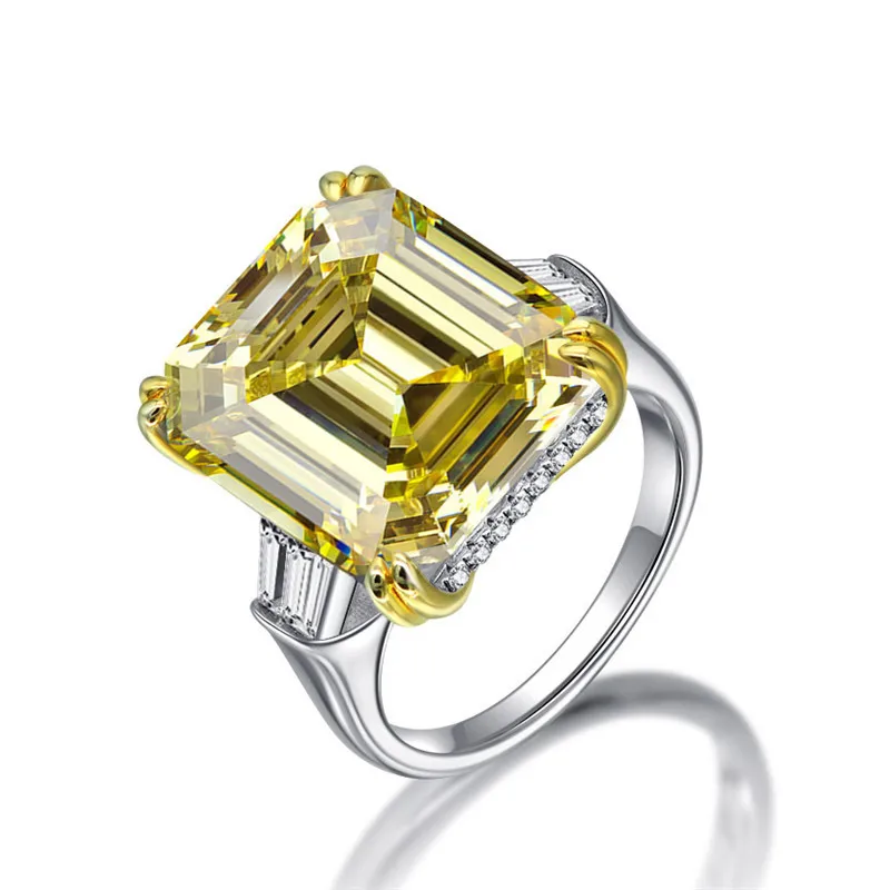 

Vintage Yellow Cubic Zirconia Brilliant Emerald Cut Rings 925 Sterling Silver Engagement Three-Stone Ring