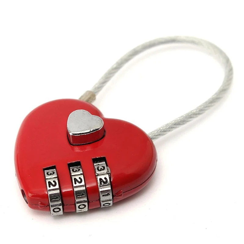 

1 Pcs Heart Password Lock Wire Rope Resettable Combination Three Bit Digital Lock Padlock Travel Bags Security Lock Girl Like, Picture