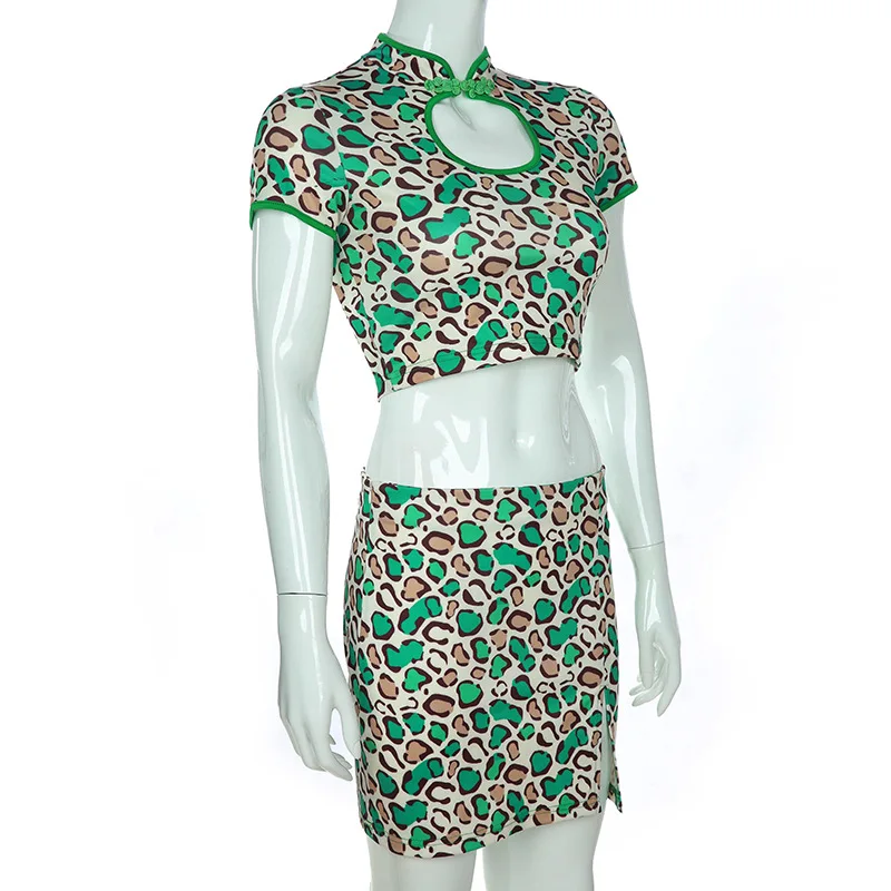 2019 Summer Crop Tops Short Sleeve Sexy Cheongsam Style 2 Pieces Women Dress