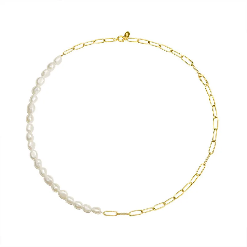 

18k Gold Plated Stainless Steel Elegant Freshwater Pearl Urban Chain Clavicle Necklace For Women, See picture