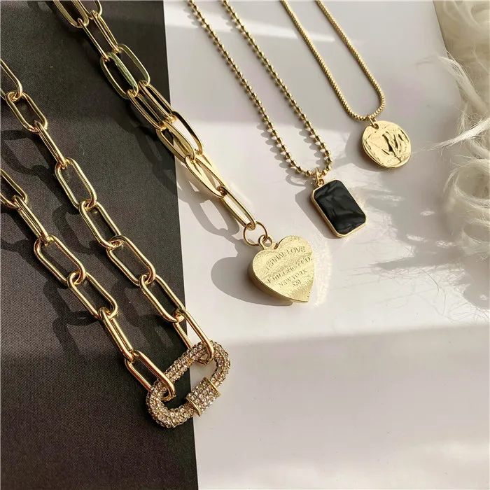 

4pcs/set Multiple ways of wearing heart round human square coin multi layer necklace 4 layer vintage crystal charm necklace, Picture