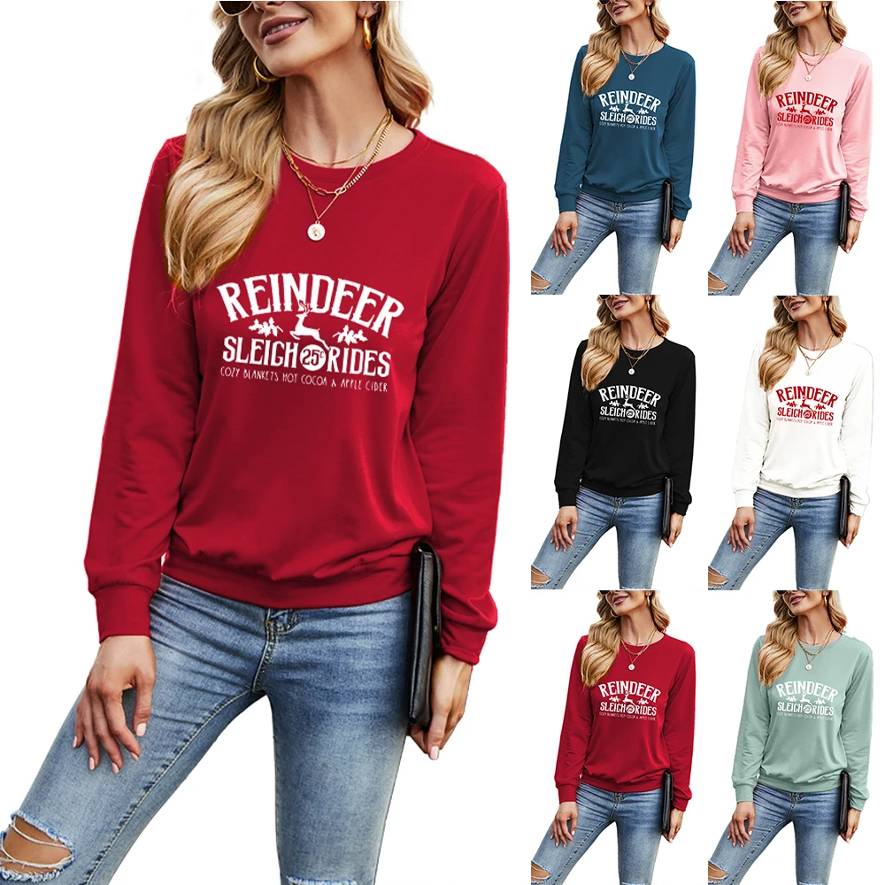 

2021 Casual Solid Color Letter Print O-Neck Christmas Pullover Christmas Costume