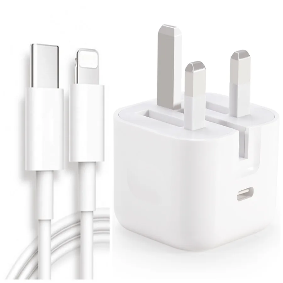 

New PD Fast Charging UK Plug USB-C Charger 18W For Apple phone11/12/PRO/X With High Quality Usb Charging Cable, White