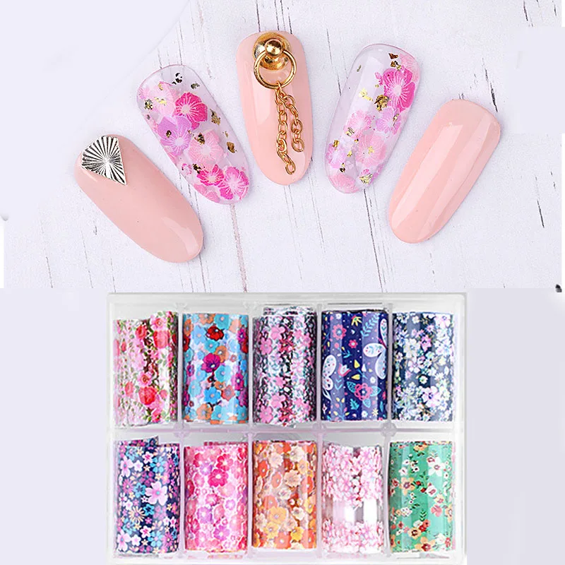 

New Arrival 10 Designs Nail Art 3D Stickers Fashion Flowers Nail Art Transfer Foil Stickers Laser Paper, Mixed colors
