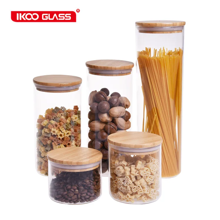 

Food storage canister airtight round bamboo lid glass jar pasta glass container with wood lid
