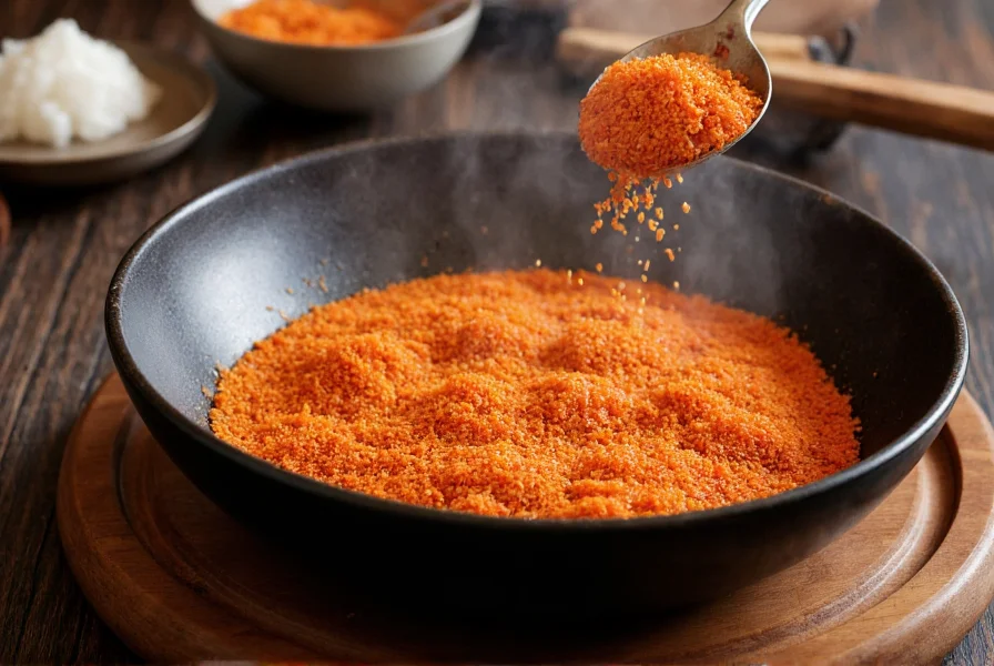 Traditional Korean cooking scene showing gochugaru being toasted in sesame oil for kimchi preparation
