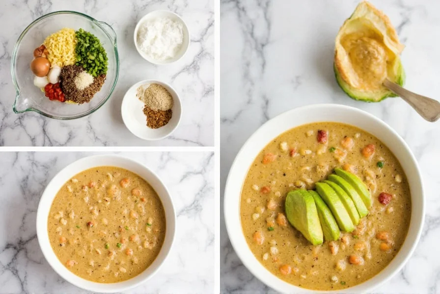 Step-by-step preparation of taste of home white chicken chili showing ingredients in mixing bowls and final serving in white ceramic bowl with avocado garnish