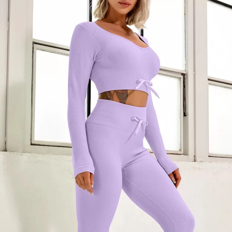 

Candy Color Workout Outfits For Women 2 Piece Seamless Drawstring Long Sleeve Crop Top Ribbed High Waist Leggings Yoga Clothes, 6 colors in stock for choosing