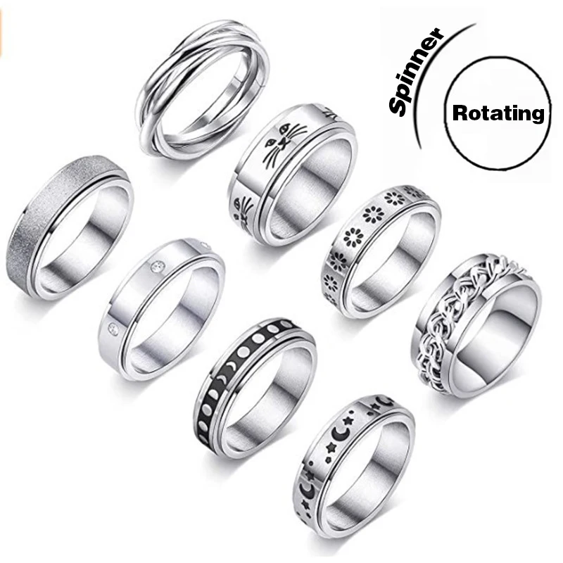 

reduce anxiety men jewelry set custom moon star silver stainless steel rotating spinner ring