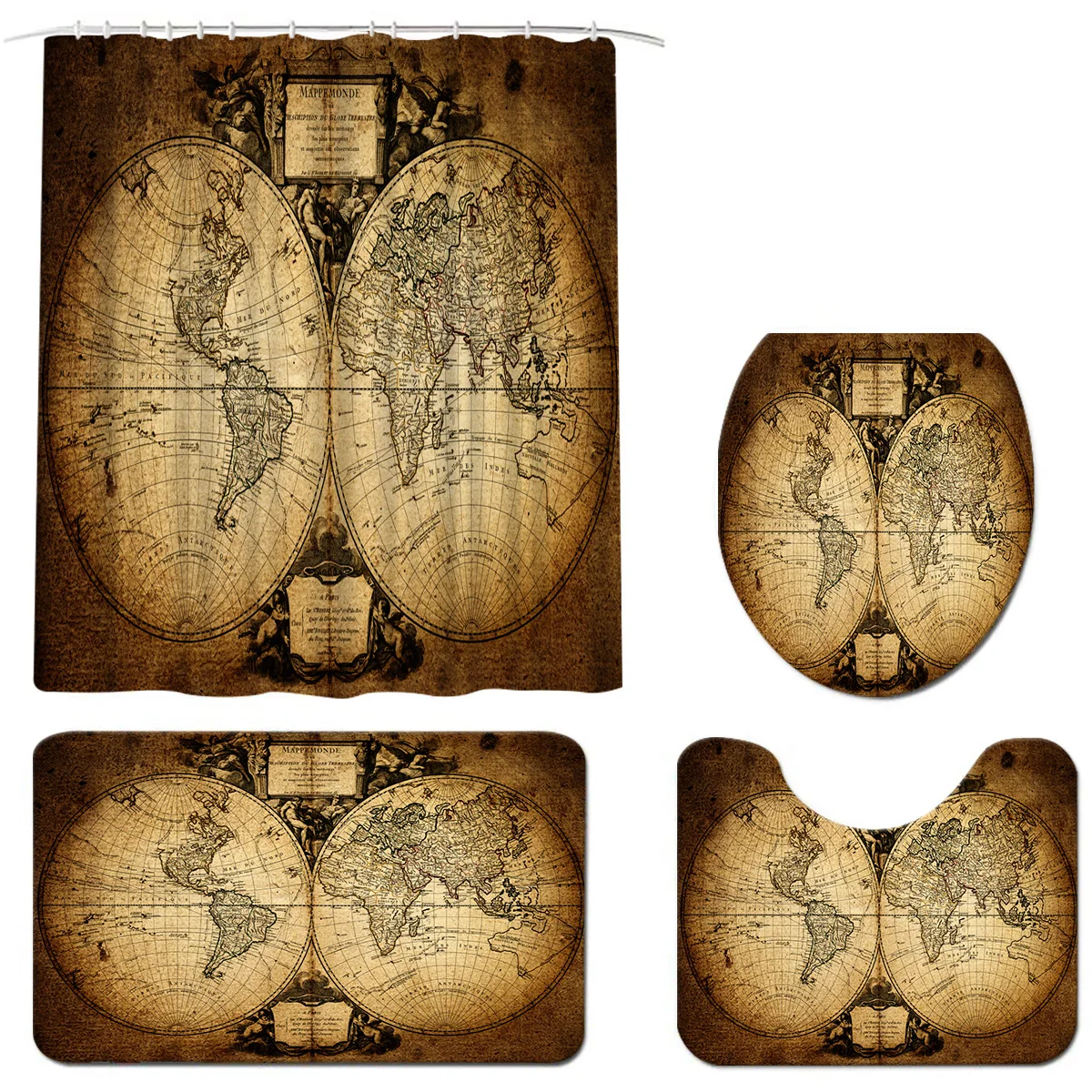 

Hot Selling Luxury Brown Color World Map Topic Bathroom Shower Curtain Set With Plastic Hook, Customized color