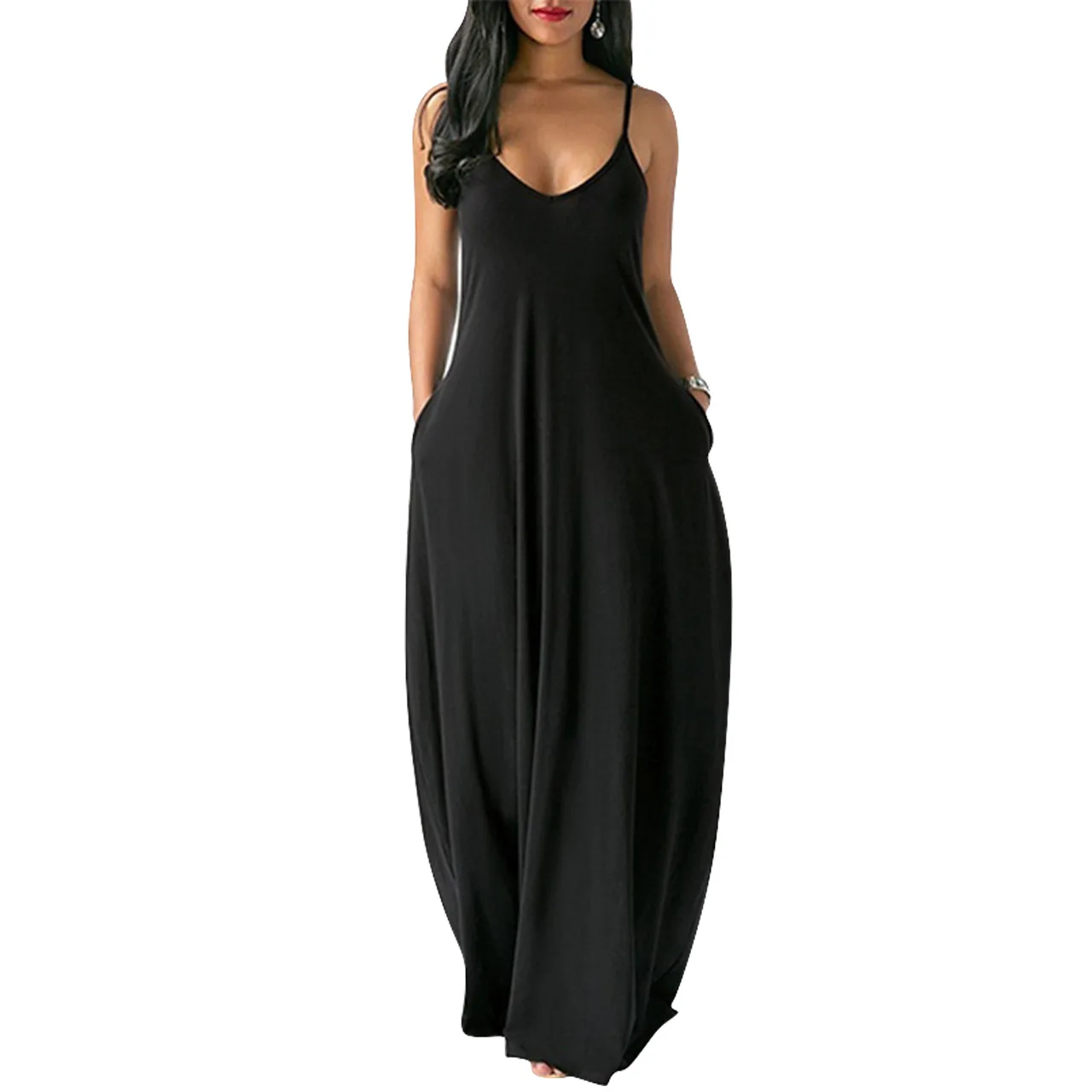 

QJX summer fashion relaxation solid color sexy womens v neck strap loose maxi skirt set