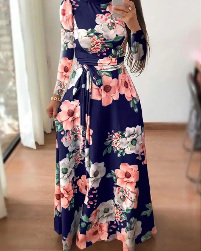 

Casual Dress Autumn New Design Long Sleeve Floral Print Womens High Collar Maxi Dresses, Black,blue