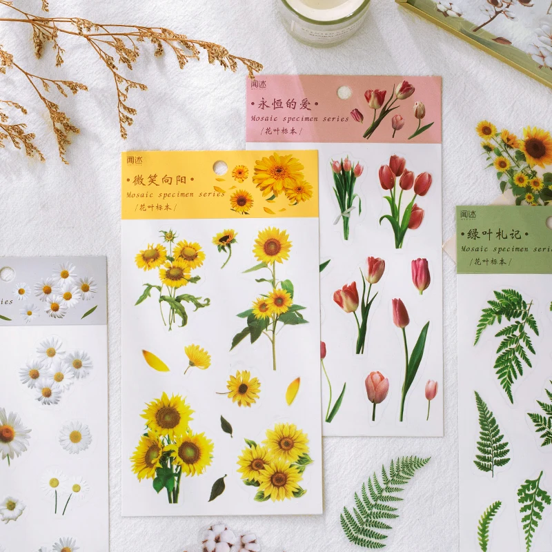 

6sheet/pack Pretty Flower Series Daisy Sunflower PET Stickers Waterproof Scrapbooking Sticker Student Favor Photo Decor