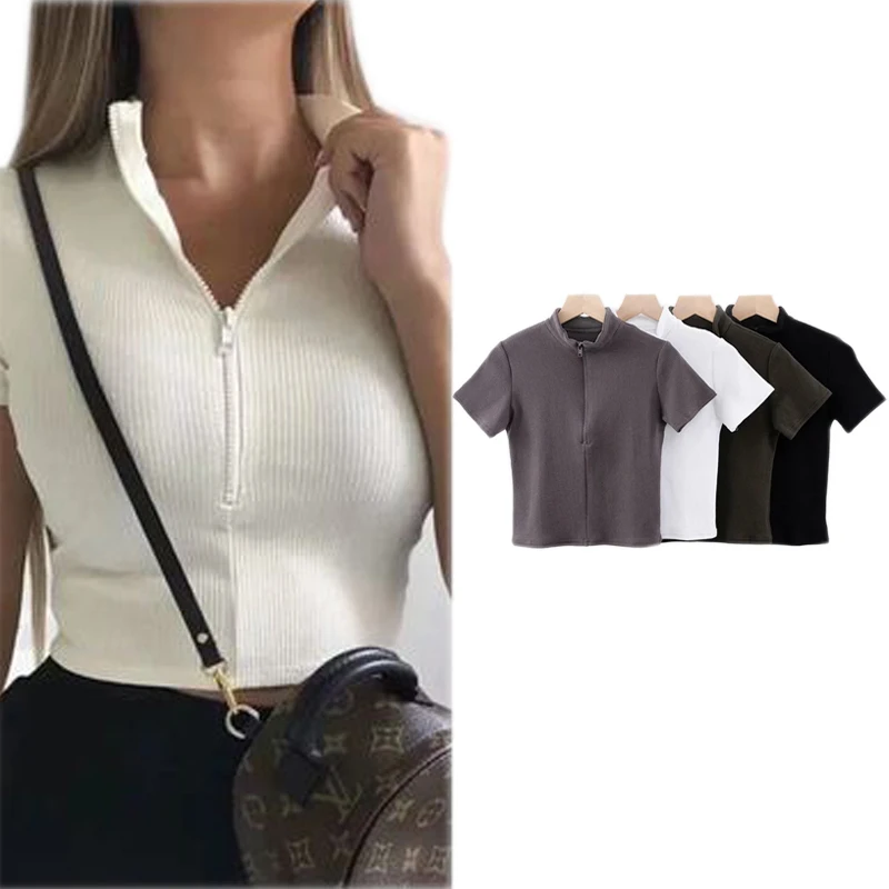

Summer Ladies T-shirt Shirt Short Sleeve Zipper Top Fashion Crop Women, Black/white/greeen/rose red/grey