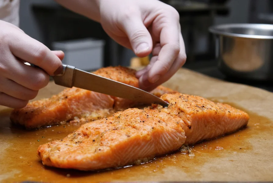 Chef preparing grilled salmon with spicy lemon pepper seasoning in professional kitchen