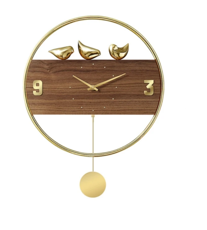 

Modern Simple Metal 3D Bird Decoration Wall Clock with Pendulum for Livingroom Wall Mounted Wooden Round Clocks, Gold,customized