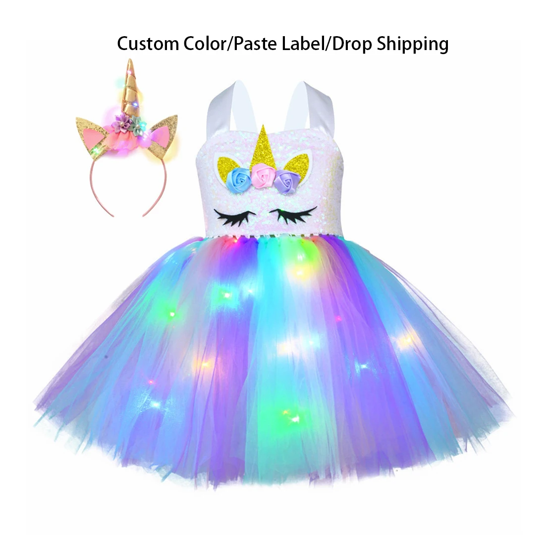 

Custom Princess Costume Flower Sequin LED Light Rainbow Puffy Unicorn Tutu Dress For Girls