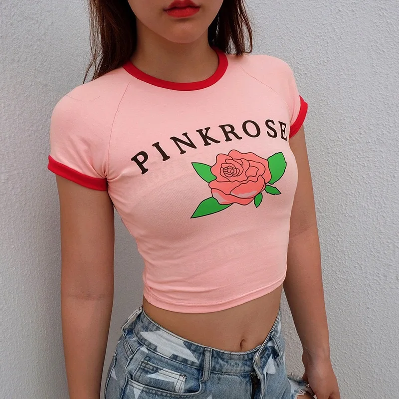 

Summer 2021 New Trendying Fashion Women Crop Top Simple Round Collar Short Sleeve Printed skinny cropped T-shirt, Picture show