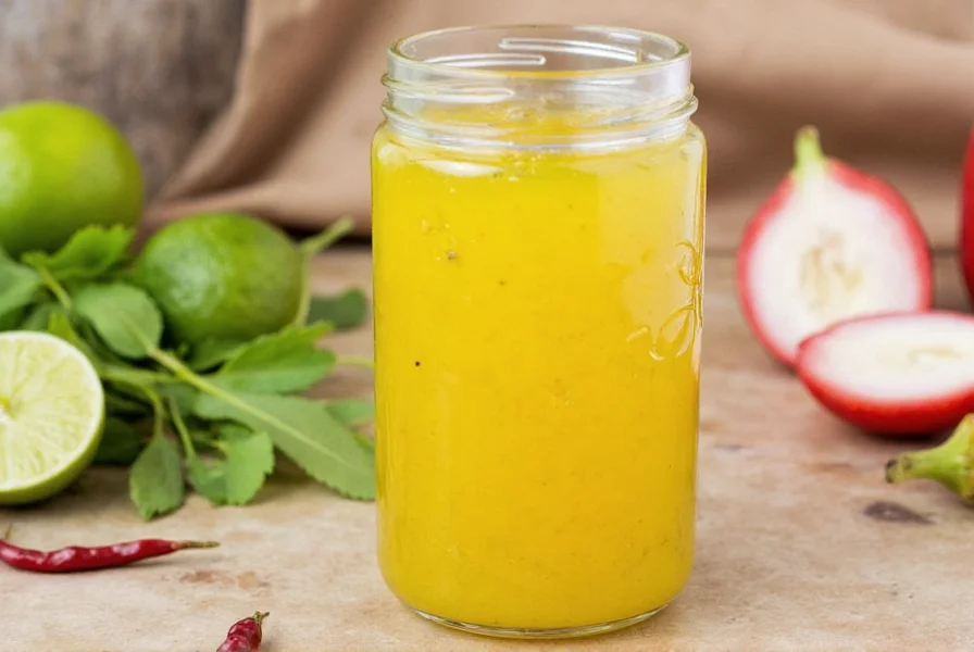 Glass jar containing vibrant yellow chili lime vinaigrette with ingredients arranged around it