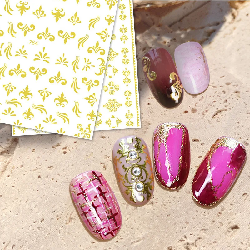 

781-787 Embossed leaves retro pattern waterproof 3D decals bronzing nail stickers European and American patterns