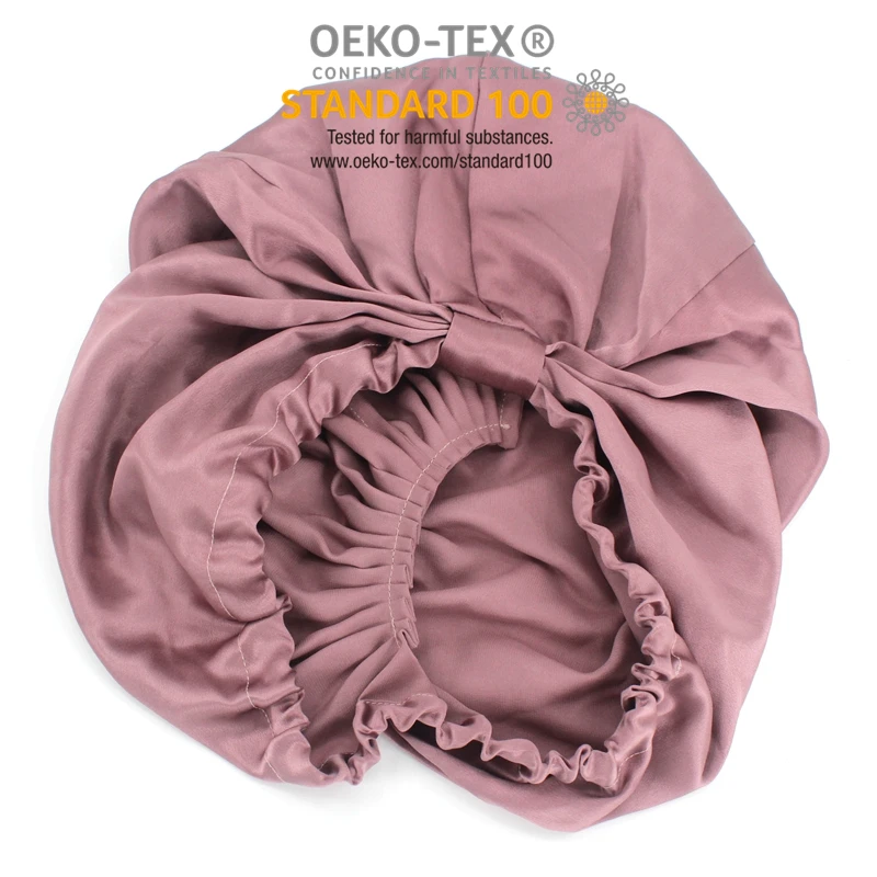 

Custom Extra Large New design Double Layered Silk Sleeping Bonnets Silk Satin Long Hair 100% Silk Turban Bonnet With Bow Tie