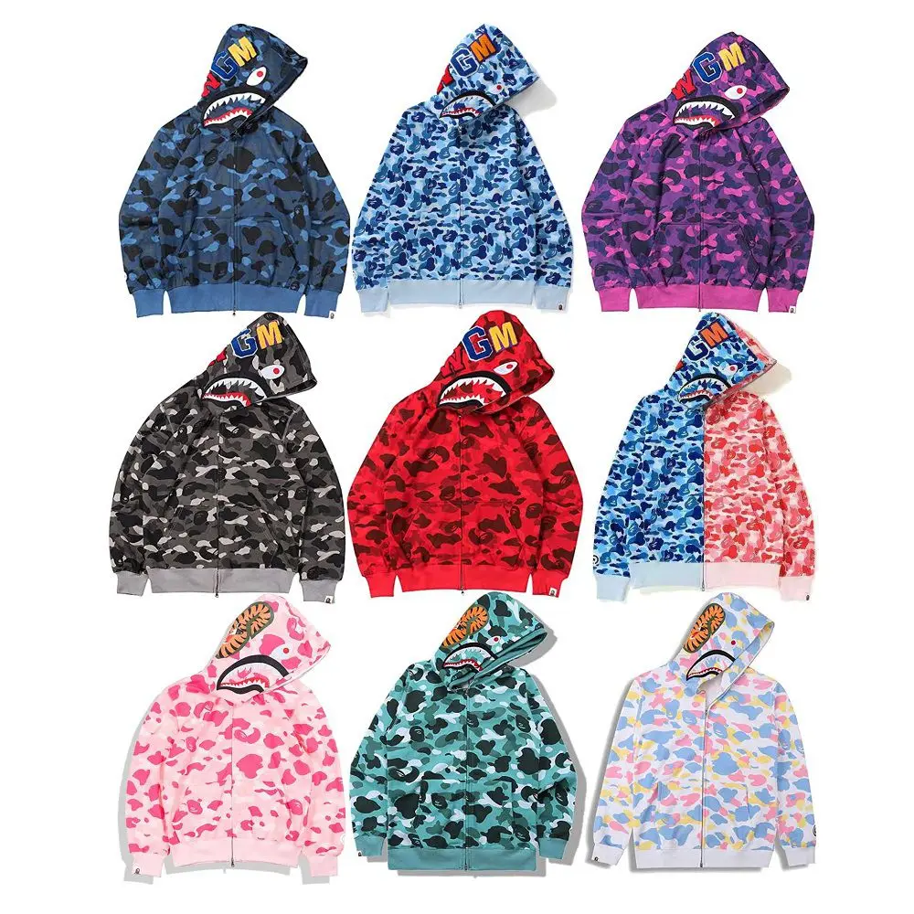 

Hr131 women custom shark camo print head mouth bap cotton bapee zipper zip up full face hoodie, Customized color