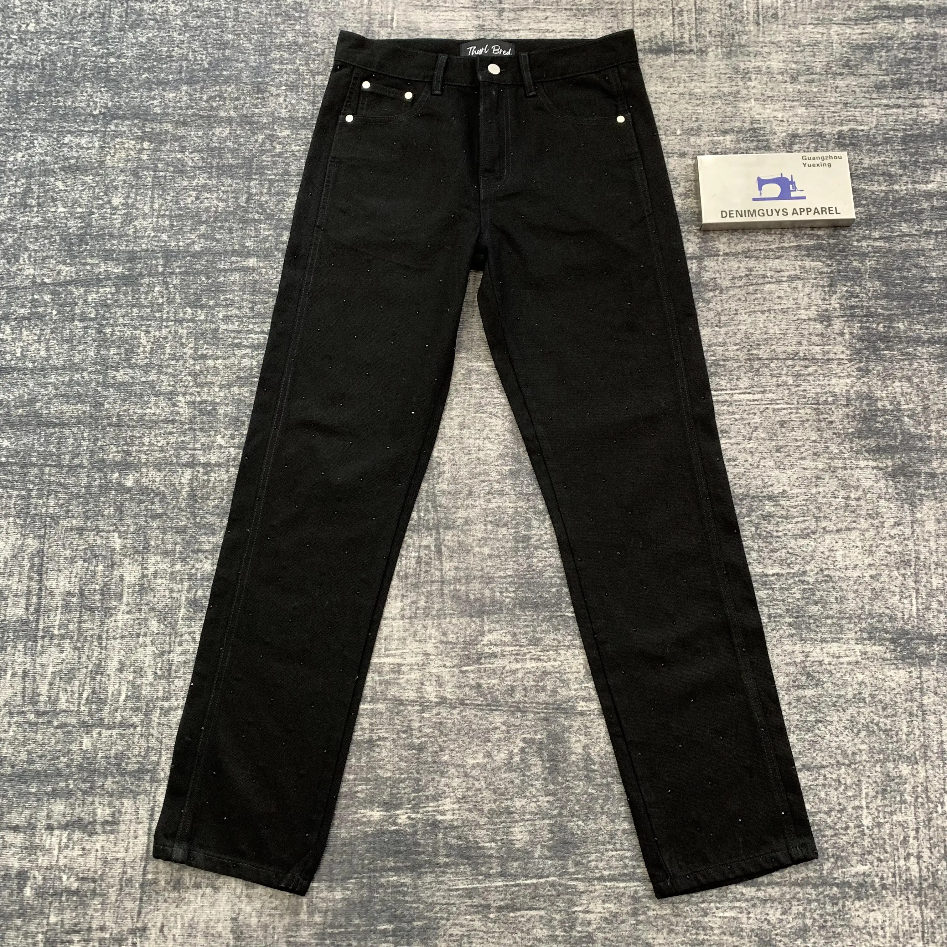 DENIMGUYS Custom Vintage Washed Full Rhinestone Straight Leg Men Jeans With Emboss Logo Pants for Men